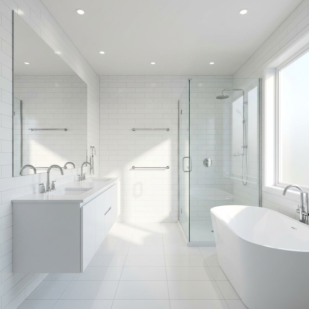 Ванная после профессиональной уборки — белоснежная плитка и блестящий хром