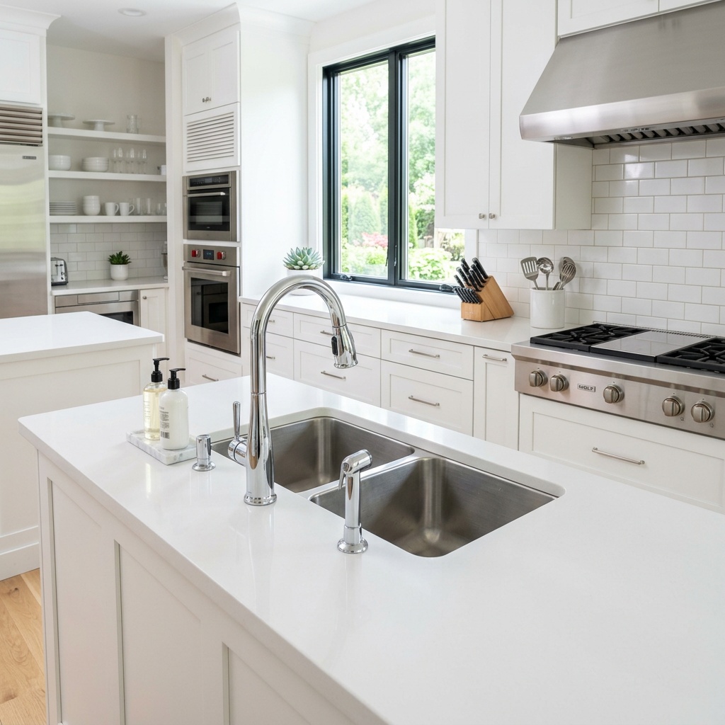 Кухня после профессиональной уборки — чистые столешницы и блестящий смеситель