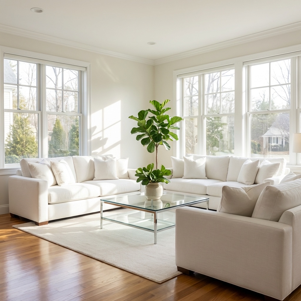 Гостиная после профессиональной уборки — чистые поверхности и свет