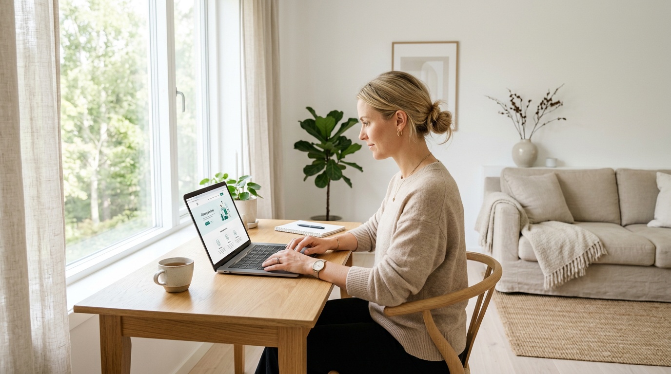 Женщина выбирает клининговый сервис за ноутбуком в светлой квартире