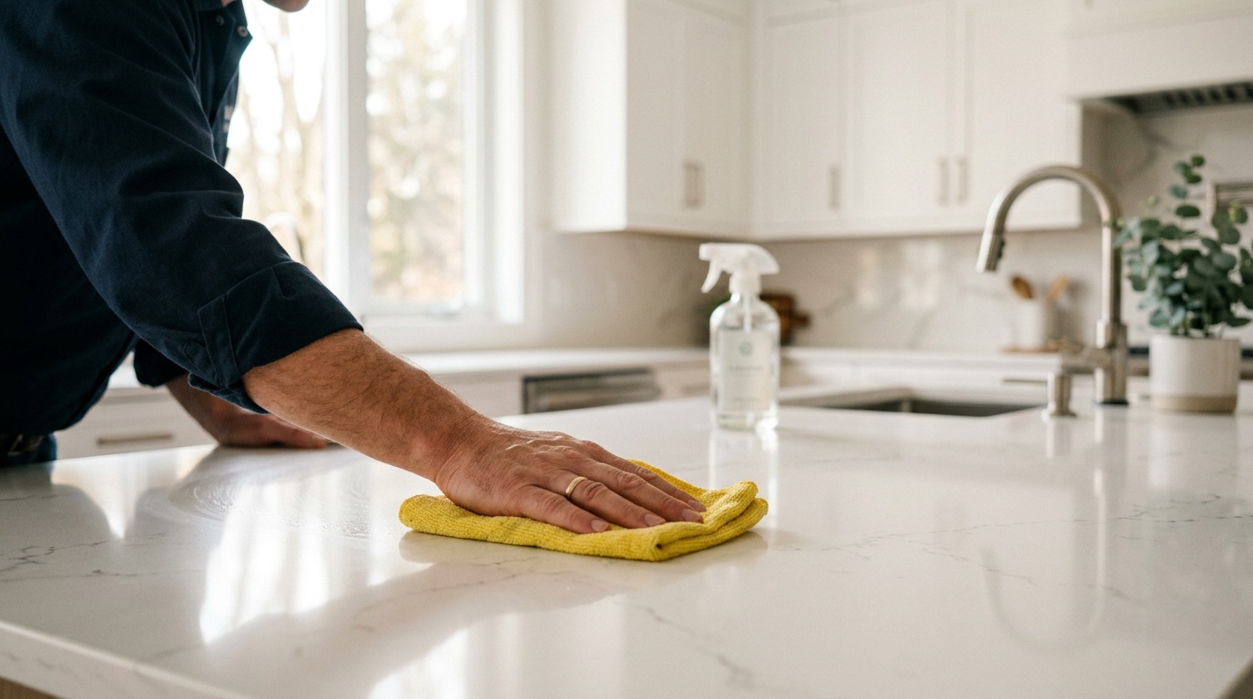 Профессиональный клинер моет кухонную поверхность — генеральная уборка в Москве