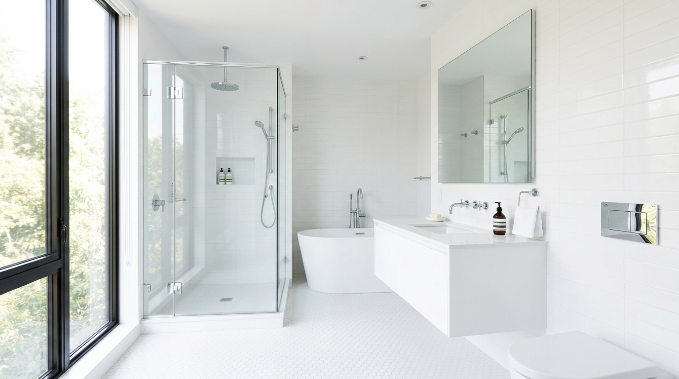 Чистая ванная после профессиональной генеральной уборки — блеск хрома и белые плитки