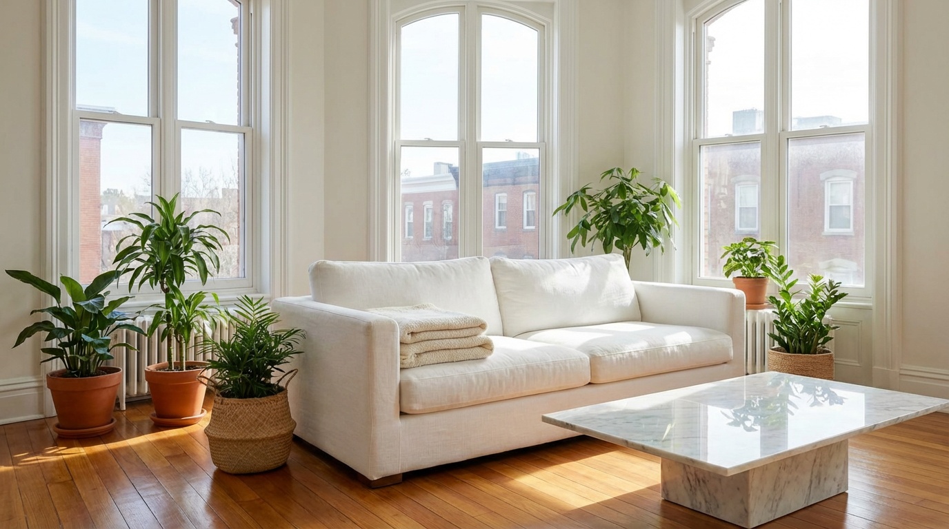 Чистая светлая гостиная после профессиональной уборки — результат регулярного сервиса