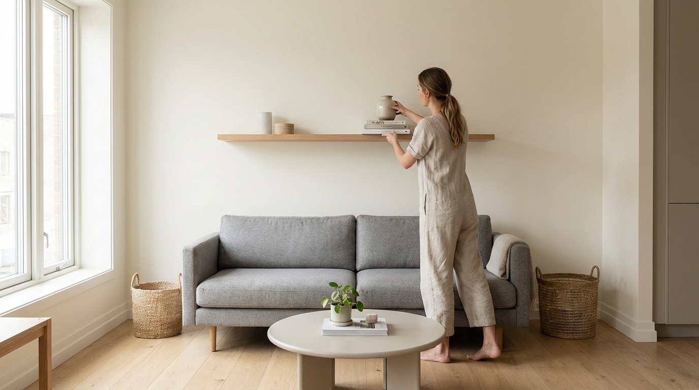 Женщина расставляет декор перед приездом клинеров — подготовка квартиры