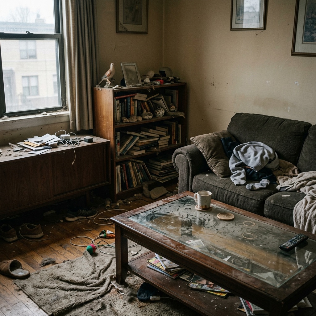 Гостиная до уборки — пыль и беспорядок